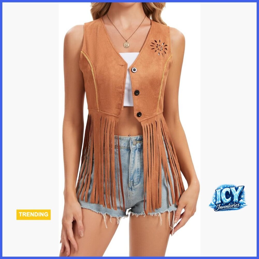 Faux Suede Fringe Vest Sleeveless Western Cowgirl Vintage Tassel